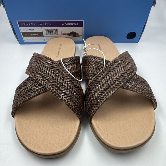 NEW Draper James Women's Size 8 Raffia Cross Strap Slip On Sandals, “Alex” Brown - Picture 2 of 16